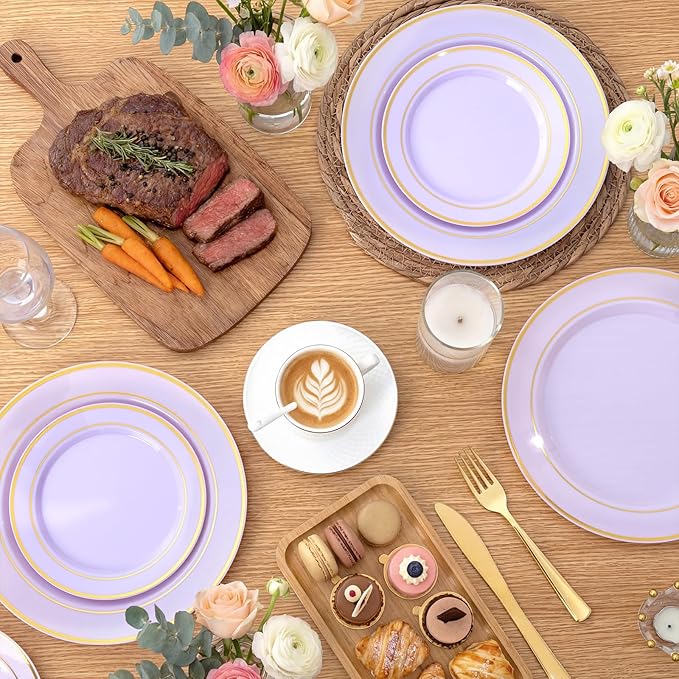 350PCS Purple Plates Disposable - Purple Plastic Plates 50Guests Lavender Disposable Dinnerware Sets with Rolled Napkins for Wedding/Birthday/Baby Shower/Easter