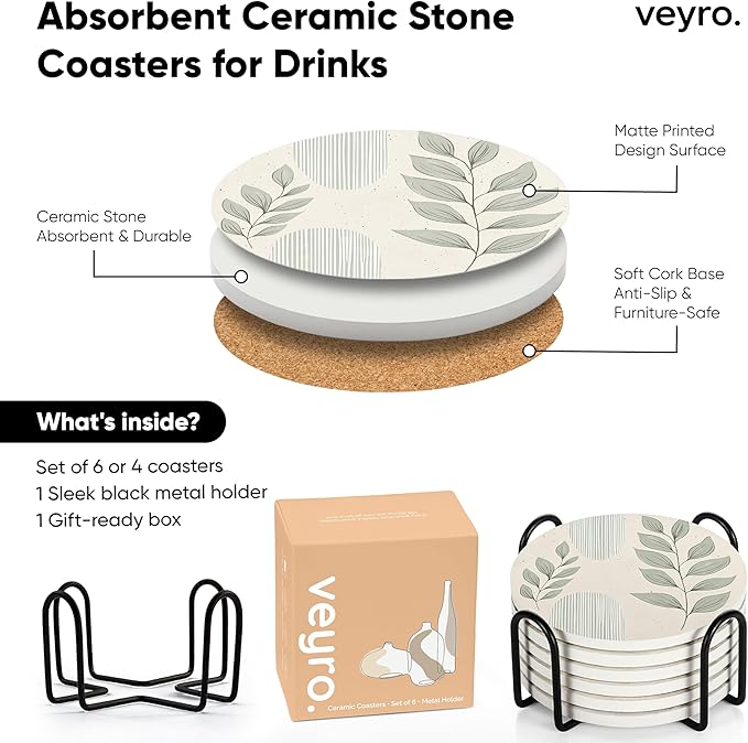 VEYRO Ceramic Coasters Set of 6 – Absorbent Stone Drink Coasters with Holder, Non-Slip Cork Backing, Modern Marble Look Coasters for Coffee Table, Desk & Home Decor
