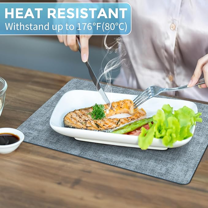 Placemats Set of 6 Washable, Heat Resistant Table Placemats Wipeable Faux Leather Place Mats Non Slip, Waterproof Square Table Mats for Indoor Outdoor, Light Blue