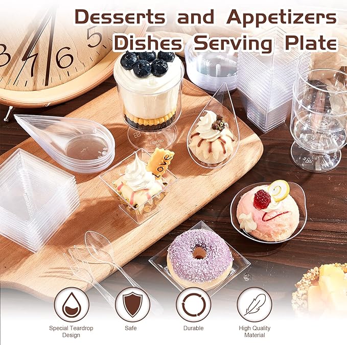 Tessco for you 1600 Pcs Mini Appetizer Plates Dessert Cups with Spoons Forks Set Assorted Shape Plastic Parfait Cups Dessert Plates Container Bowls with Disposable Spoon Fork for Party (Clear)