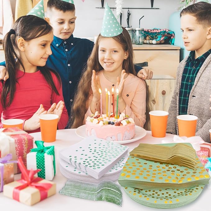 Green Party Supplies,White and Green Dot Plates and Napkins for Birthday Wedding All Occasions(Serve 35 Guests 7 Inch)
