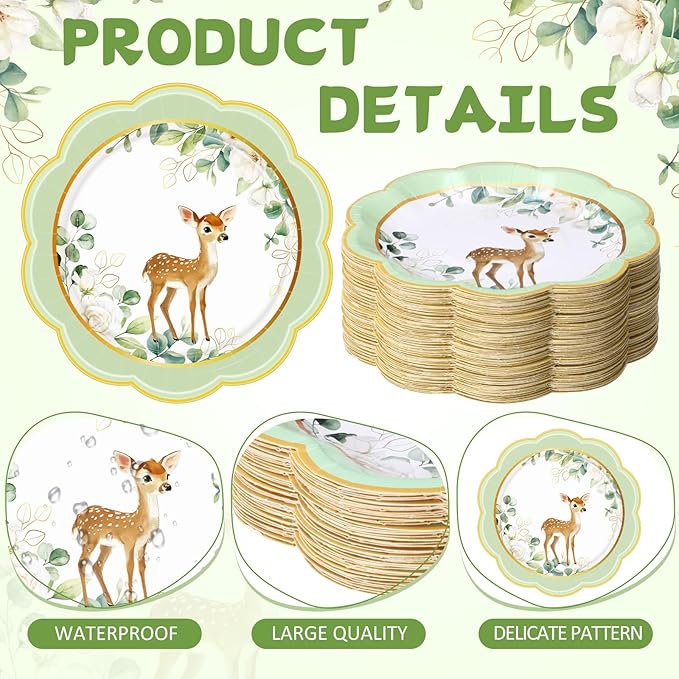 60 Pcs 7 Inch Woodland Animals Baby Shower Paper Plates Woodland Creatures Decorations Tableware Baby Gender Neutral Plates for Forest Animal Theme and Birthday Party Supplies