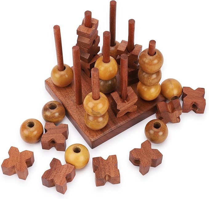 Ajuny 3D Wooden Tic Tac Toe Board Game for Indoor, Outdoor, Travel Rustic Coffee Table Decor Games - Ideal Gift for All Ages Strategy 2 Players Night, Family Game