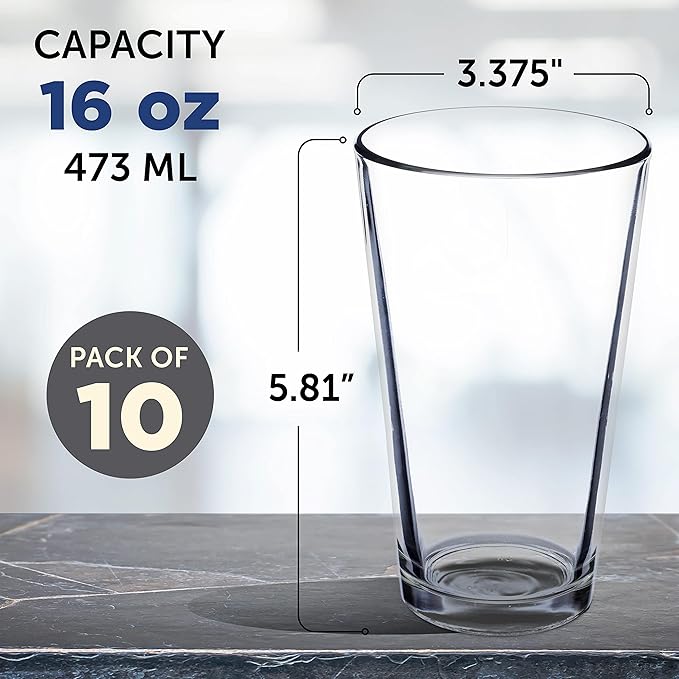 DISCOUNT PROMOS Beer Pint Glasses 16 oz. Set of 10, Bulk Pack - Heavy Duty Glassware for Restaurant, Thick Base and Walls, Stackable - Clear