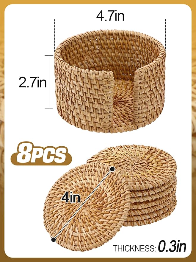 8pcs Natural Handmade Rattan Coasters with Holder - Wicker Drink Coasters Set for Protecting Table, Housewarming Gifts Boho Fall Home Décor