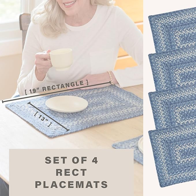 Homespice Denim Jute Woven Placemats, Country Coastal Decor, Set of 4, Blue 13x19 Rectangle Table Mats - Vibrant Colors, Durable, Easy to Clean and Protects Furniture