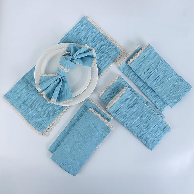 FINGERCRAFT Dinner Cloth Napkin Cotton Muslin Double Gauze 12 Pack with Classic Lace for Everyday Use, Wedding, Party, Christmas, Easter Napkins Cloth are Pre Shrunk and Good Absorbency Aqua Marine