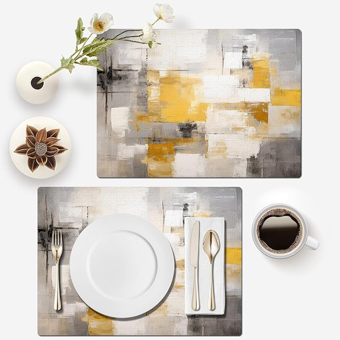 Mcalk Yellow Table Runner and Placemats Set of 6, Abstract Grey Placemats, Modern Cloth Place Mats Indoor for Kitchen,Washable Linen Material for Dining Table