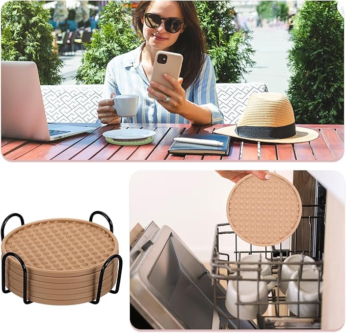 uxcell Set of 6 Round Drink Coasters with Holder, 4" Silicone Coaster for Drinks Non-Slip Cup Coaster Heat Resistant Glass Cushion for Bar Kitchen Office Decor, Brown(Pentagon)