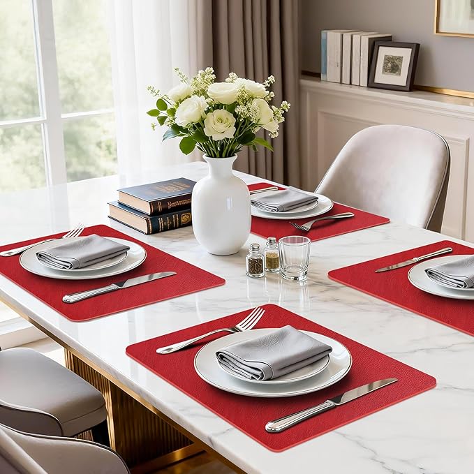 Faux Leather Placemats Set of 6, Washable Place Mats, Wipeable Waterproof Oil-Proof Heat Resistant Table Mats, Non-Slip Vinyl Placemats Rectangular Place Mat for Table Indoor Outdoor (Red)