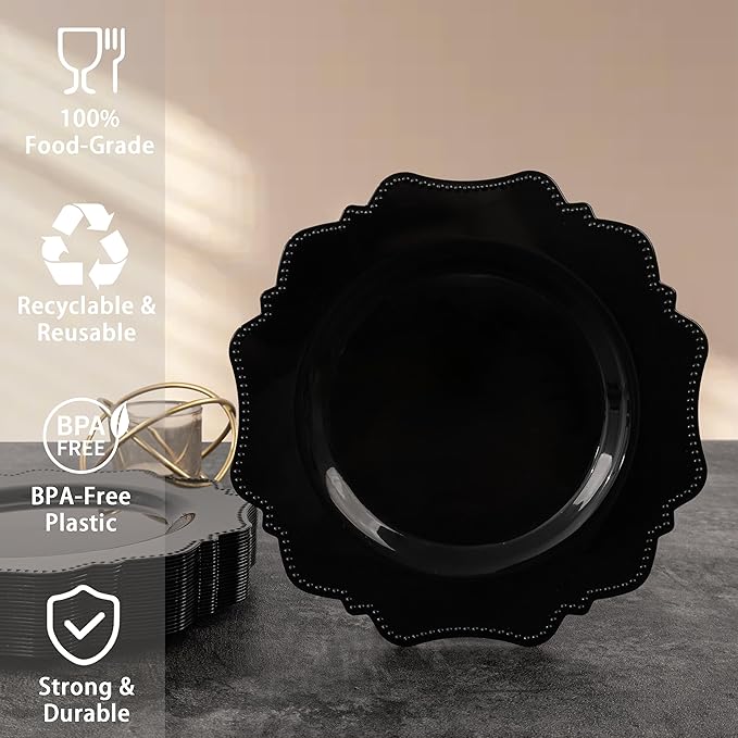 COLOSUS 60pcs Black Plastic Dessert Plates - 7.5 Inch- Heavy Duty Disposable Plastic Appetizer/Salad/Cake Plates for Party Wedding Birthday and Everyday Use
