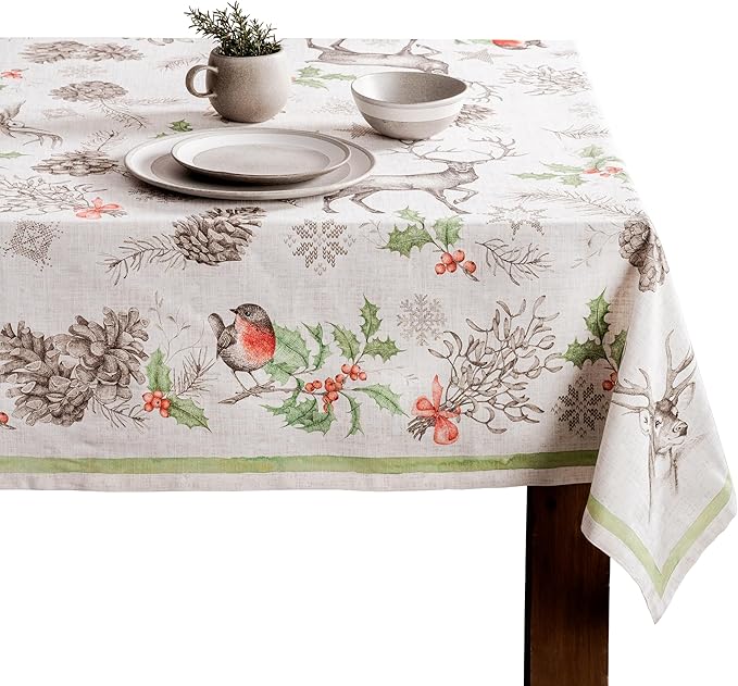 Maison d' Hermine Table Cloth Rectangle Table 100% Cotton 70 x 90 Inches Fall Tablecloth Reusable Everyday Use for Thanksgiving Christmas Decorations Dining Farmhouse Party (Christmas Dew)