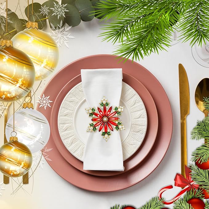 ZeeDix Christmas Crystal Snowflake Napkin Rings Set of 6- Rustic Dinner Tables Setting Decoration for Wedding Receptions, Christmas Holiday Party Dinner Parties