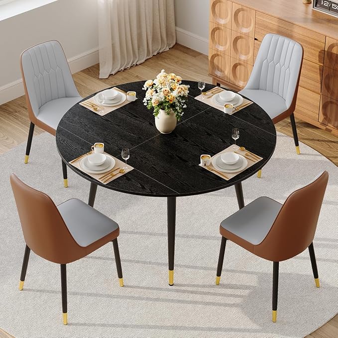 53” Round Dining Table Set for 4｜5 Piece Wood Dining Table Set｜Extendable Dining Room Table with 4 Chairs｜Black Wooden Tabletop with Metal Legs｜Easy Assembly｜Space Saving｜for Kitchen, Living Room