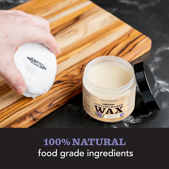 CLARK’S Cutting Board Oil and Wax Kit - Set includes Food Grade Mineral Oil (12oz), Finishing Wood Wax (6oz), Applicator Sponge & Buffing Pad, Enriched with Food Safe Lavender and Rosemary Extract