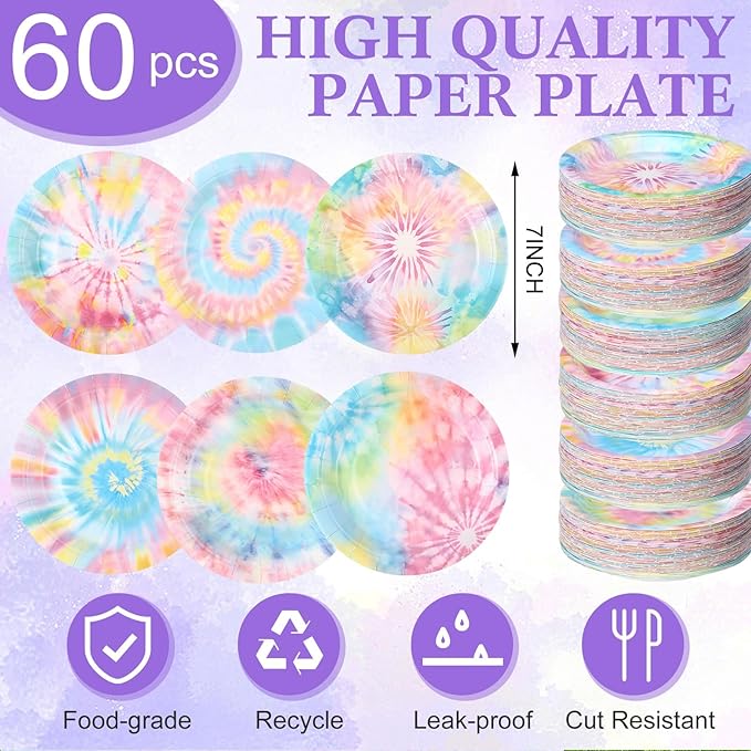 60 Pcs 7 Inch Pastel Tie Dye Birthday Party Plates Vibrant Paper Plates Colorful Party Disposable Dinnerware Decoration for Dinner Celebration Baby Shower Birthday Supplies