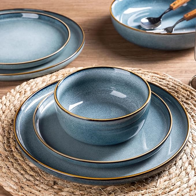 GBHOME 32 Pieces Double Bowls Ceramic Dinnerware Sets for 8, Stoneware Plates and Bowls Set with Reactive Glaze, Scratch Resistant Stoneware Dishes Set, Dishwasher & Microwave Safe