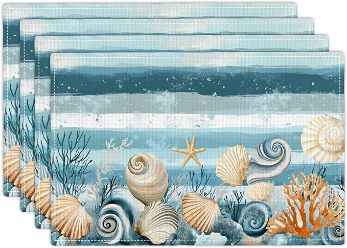 Ocean Seashell Placemats Set of 4, Beach Starfish Place Mats, Coastal Marine Life Waterproof Washable Table Mats for Home Party Indoor Kitchen Dining Table Decoration 12x18 Inch