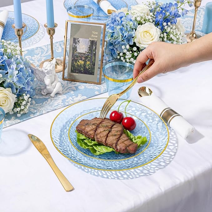 Rubtlamp 100 Guest Blue Gold Plastic Dinnerware Set,Clear Blue Disposable With Gold Rim, Hammer Fancy Party Plates Include 100Dinner Platos,100Cake Platos,100Cups,100 Pre Rolled gold Cutlery