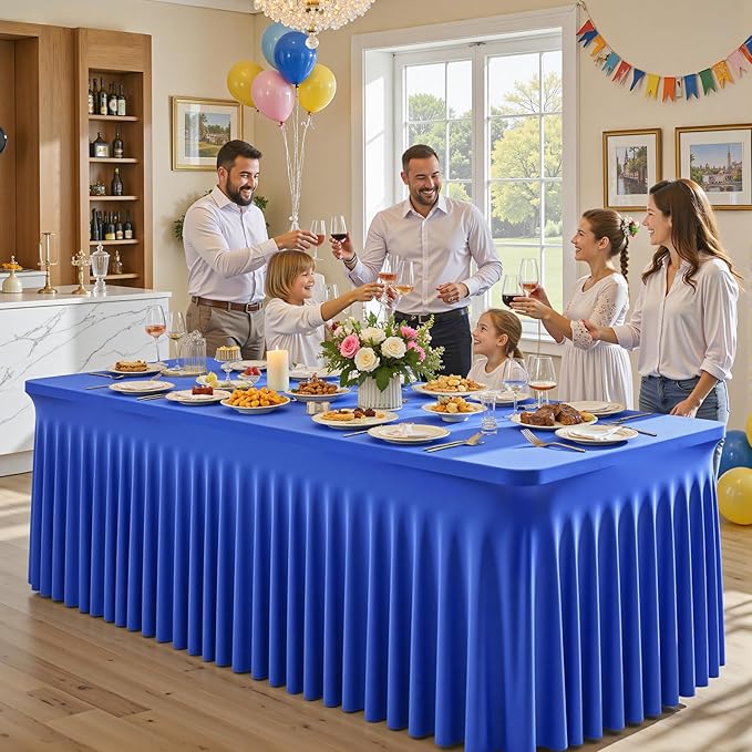 Wish Care 2 Pack Royal Blue Spandex Table Clothes for 4 Foot Rectangle Tables, 4FT Wrinkle Free Fitted Tablecloths Ruffles Design Table Cloth for Party, Banquet, Wedding and Events