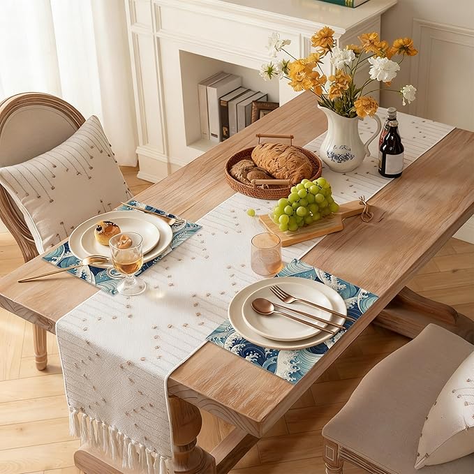 Table Placemats Set of 6, Waterproof Linen Fabric, Non-Slip Backing & Easy Clean, Elegant Dining Table Protectors for Family and Guests(Japanese Waves)