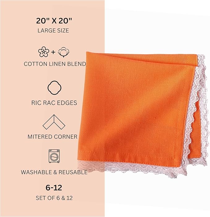 Fingercraft Dinner Cloth Napkin Cotton Linen Blend 12 Pack Mitered Corners with Elegant Lace for Everyday Use Napkins are Pre Shrunk and Good Absorbency (Rust, 20in x 20in (Set of 12))