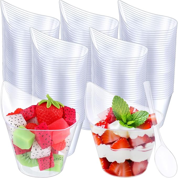 250 Pack Clear Plastic Dessert Cups with Tasting Spoons, Appetizer Cups Yogurt Parfait Bowls with Spoons for Party Supplies Catering Chocolate Desserts Buffet Food Display (7 oz)