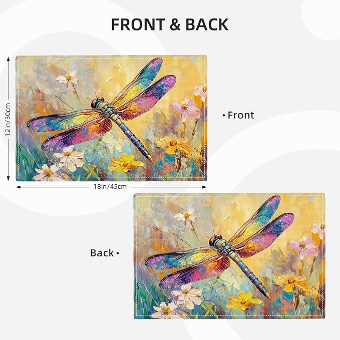 Dragonfly Placemats Set of 6, Dragonfly Flower Table Mats, Floral Washable Place Mats for Coffee Bar Home Party Indoor Kitchen Dining Table Decoration 12x18 Inch