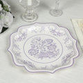 50 Pack 10" White Lavender Lilac French Toile Dinner Plates, Disposable Round Paper Party Plates 300 GSM for Festive Table Decoration