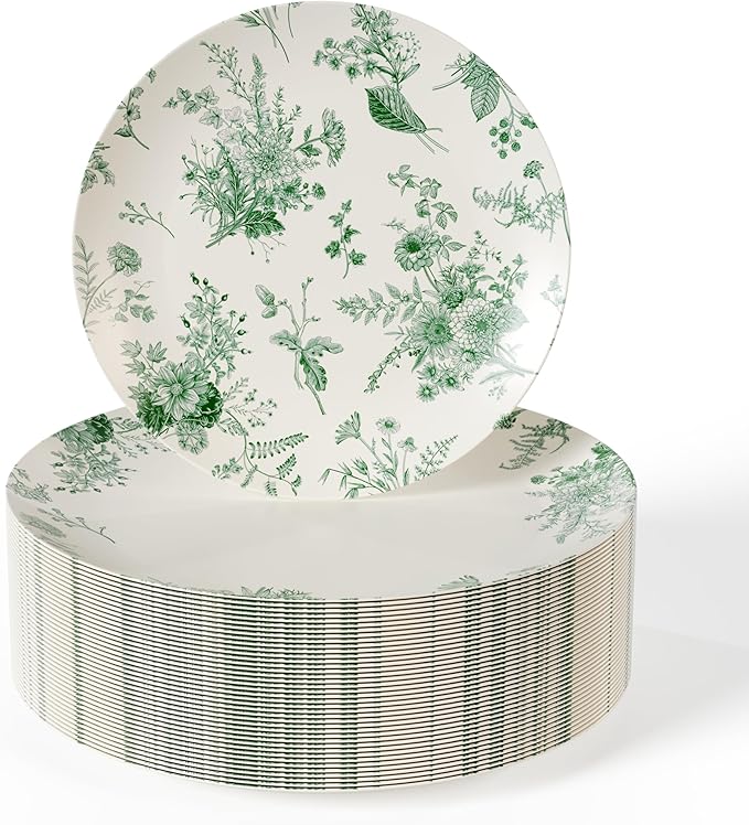 Trendables 80 Piece Plastic Disposable Plates Set For 40 Guests I 40 X 8 Inch Dessert Plates & 40 X 10 Inch Wedding Party Plates | Ivory & Green Verdure Design