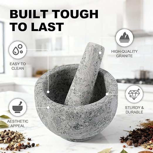 Koville Natural Marble Mortar and Pestle Set, 5" Heavy Duty Granite Grinder for Kitchen, Guacamole, Salsa, Pill Crusher, Spice, Herb, Marble Bowl for Kitchen Counter, Granite Spice Grinder Bowl