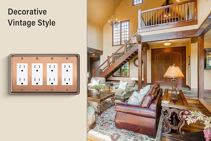 Henne Bery Rope Edge Decorative Wall Plate Switch Plate Outlet Cover (Quad Decorator, Antique Copper)