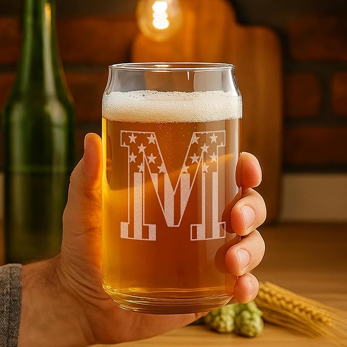 Monogram Beer Glasses for Men (A-Z) 16 oz - Beer Gifts for Men Brother Son Dad Neighbor - Unique Gifts for Him - Personalized Drinking Gift Beer Glass Mugs - Engraved Beer Can Glass (M)