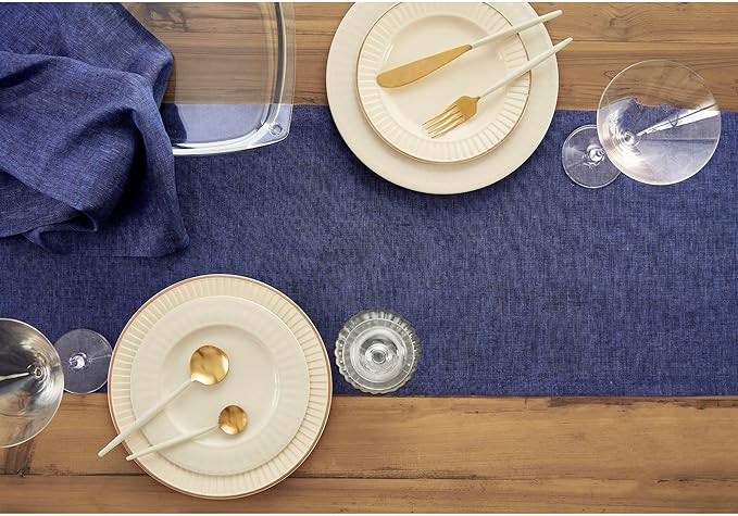 Solino Home Linen Table Runner 48 Inches - 100% Pure Linen Chambray Navy Table Runner 14 x 48 Inch Ideal for Dresser and Coffee Tables - Winter, Spring - Athena