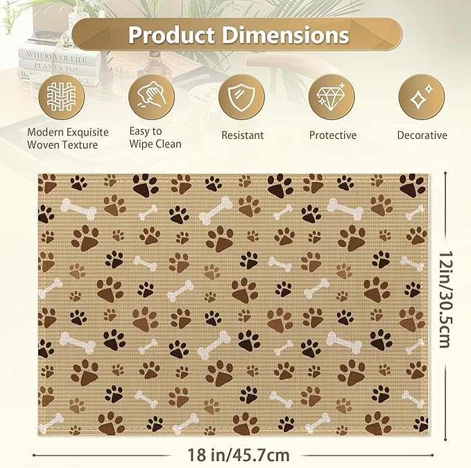 Dog Cat Paw Print Bones Placemats Set of 6,12x18 Inch Table Mats for Kitchen Table Washable Farmhouse Linen Table Mats Dining Decoration