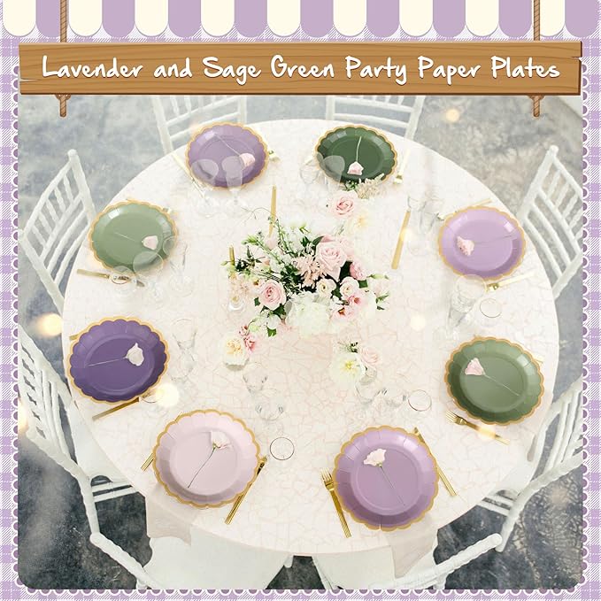 96 Pcs Sage Green Purple Paper Plates 9 Inch Lavender Scalloped Paper Disposable Dinner Dessert Plates for Birthday Wedding Bridal Party Supplies, 6 Colors
