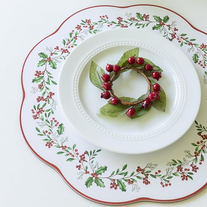 Benson Mills Cork Placemats Set of 4, Thick Cork Place Mats for Kitchen and Dining Tables, Easy Clean Table Mats for Christmas, Winter and Holidays (13.75" Round Set of 4, Holly Wreath)
