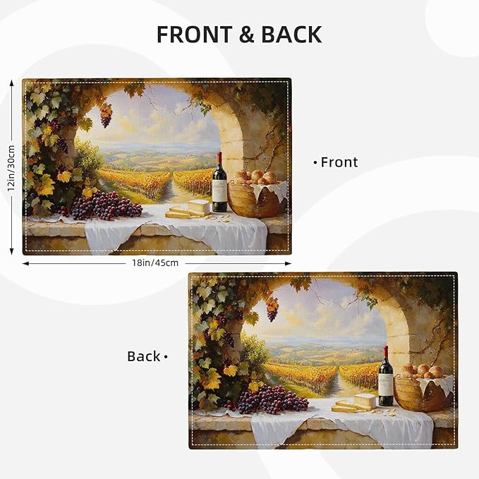 Wine Placemats Set of 4, French Country Grape Place Mats, Grapes Waterproof Washable Table Mats for Home Party Indoor Kitchen Dining Table Decoration 12x18 Inch