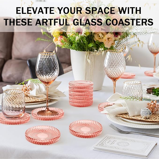 Modern Glass Coasters, GOH DODD Set of 6 Crystal Coasters Tabletop Protection for Drinks, Home Decor, Kitchen, Living Room, Patio, Wedding, Party, Housewarming Gifts, Clear Pink