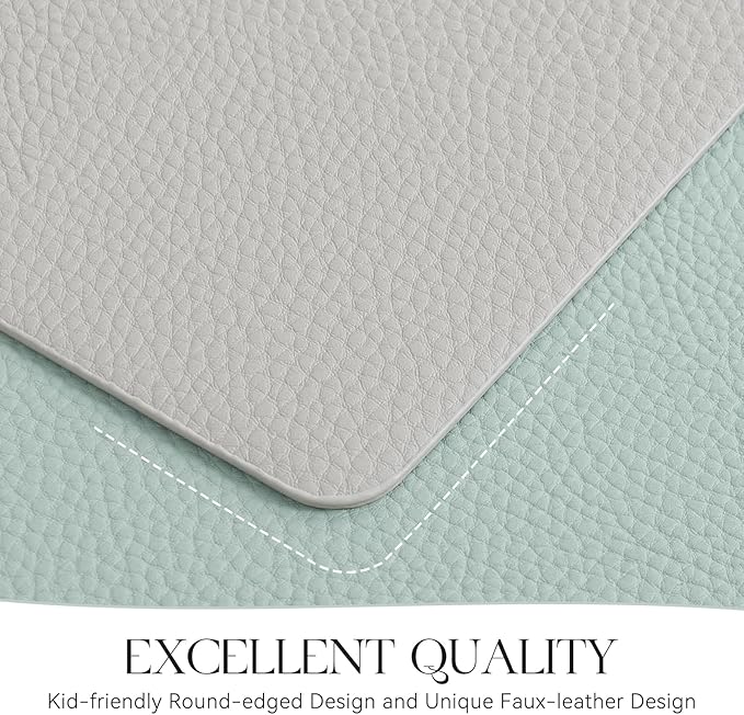 MOSAYT Vinyl Placemats Set of 6, Heat Resistant Place Mats 100% Waterproof Washable & Wipeable Faux Leather Reversible Table Mats for Kitchen Dining Party Outdoor, 12" x 17", Light Grey/Aqua