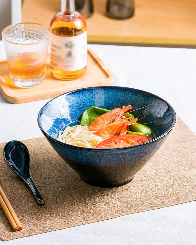 Large Salad Soup Ramen Serving Bowls, 71 OZ Ceramic Japanese Ramen Noodle Bowls with Chopsticks, Spoons and Rests - Super Big Bowl Sets for Udon, Pho, Pasta, Cereal, Set of 2 - Reactive Blue