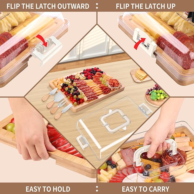 Charcuterie Board with Lid and Handle - Portable Travel Design Bamboo Cheese Board Set with 4 Cheese Tools, Gift for Housewarming, Weddings, Picnics(6 Compartments, White)