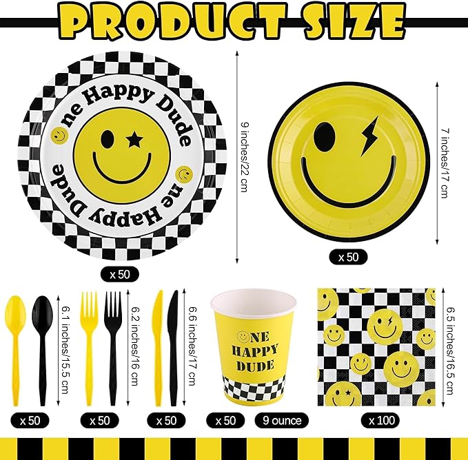 Kochorie 400 Pieces One Happy Dude Disposable Party Tableware Sets Including Plates Cups Napkins Cutlery Serves 50 for Smiley Party 1st Birthday Preppy Party Decorations
