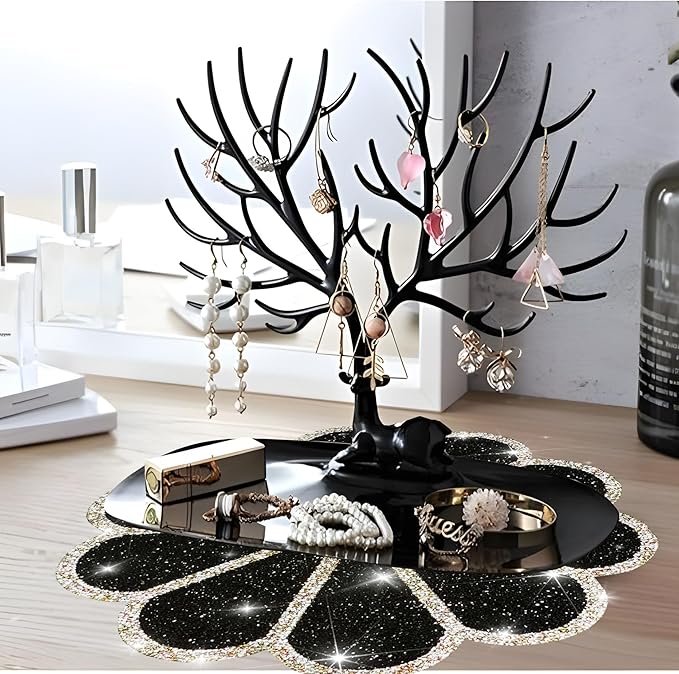 Washable Waterproof Diamond Circle Placemats for Round Tablescape Decor for Dinner and Kitchen Bling Placemats for Weddings & Special Events (Black)-12PCS
