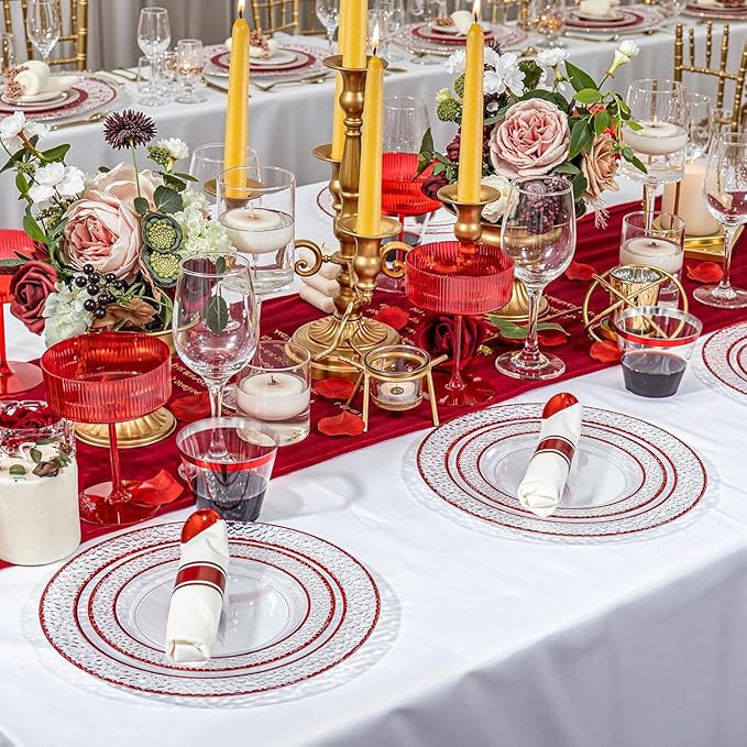 Ciaell 350 PCS Clear and Red Plastic Plates – Red Dinnerware Set for 50 Guests Include 100 Plastic Plates, 50 Pre Rolled Napkins with Cutlery Set, 50 Cups for Wedding & Party & Anniversary