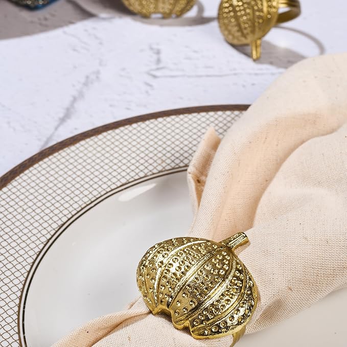 CLEENTABLE Napkin Rings Set of 12 - Pumpkin Elegant Napkin Holders Modern Serviette Buckles Metallic Adornment for Table Settings for Thanksgiving, Fall, Halloween & Holiday (Antique Gold)