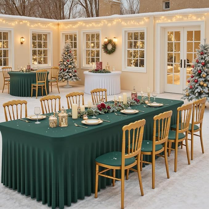 6 Pack Dark Green Rectangle Tablecloth with Elastic Table Skirt – 6FT Fitted Spandex Table Cover, 72 Inch Wrinkle-Resistant & Stretchable for Christmas Party Banquet Buffet Restaurant