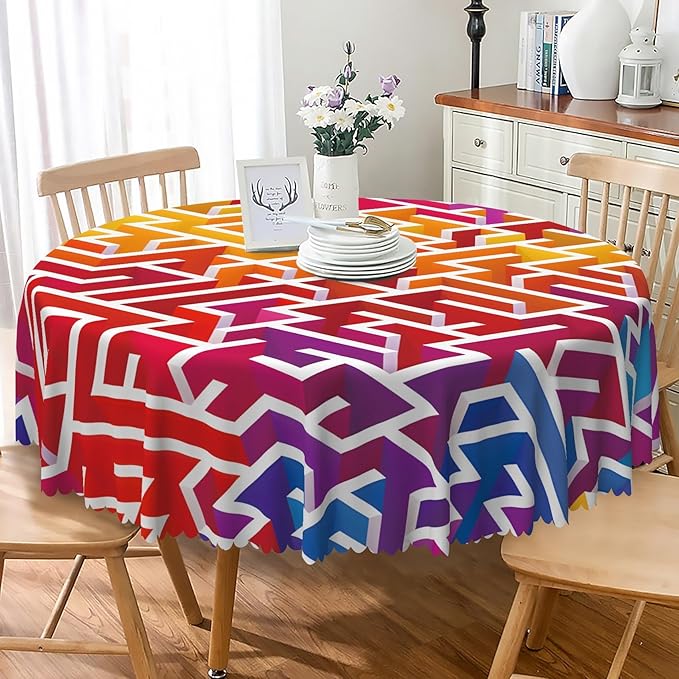 Laeacco 36 Inch Maze Round Tablecloth Colorful Labyrinth Texture Modern Geometric Abstract Art Print Table Cloth Washable Waterproof Wrinkle Free Table Cover for Kitchen Dining Picnic Party Decor