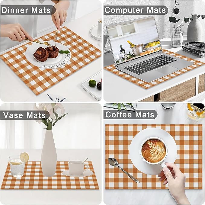 AOFOTO Brown Plaid Placemats Set of 4 for Dining Table Brown and White Checkered Place Mats Washable Rectangular Stripes Table Mats for Party Home Kitchen Restaurant Decor 12x18 Inch