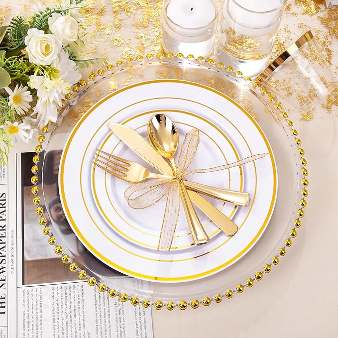 bUCLA 300PCS Gold Disposable Dinnerware Set - White and Gold Plastic Plates - Include 50 Each (Dinner&Dessert) Plates,50 Knives,50 Forks,50 Spoons,50 Cups for Party